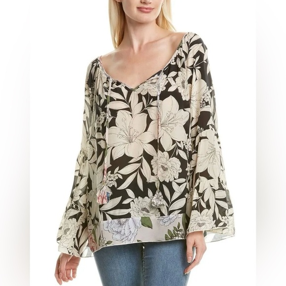 GUC Jade by Johnny Was Eva Floral Tiered Sleeve Top in Black and Cream. Size S - Picture 2 of 11